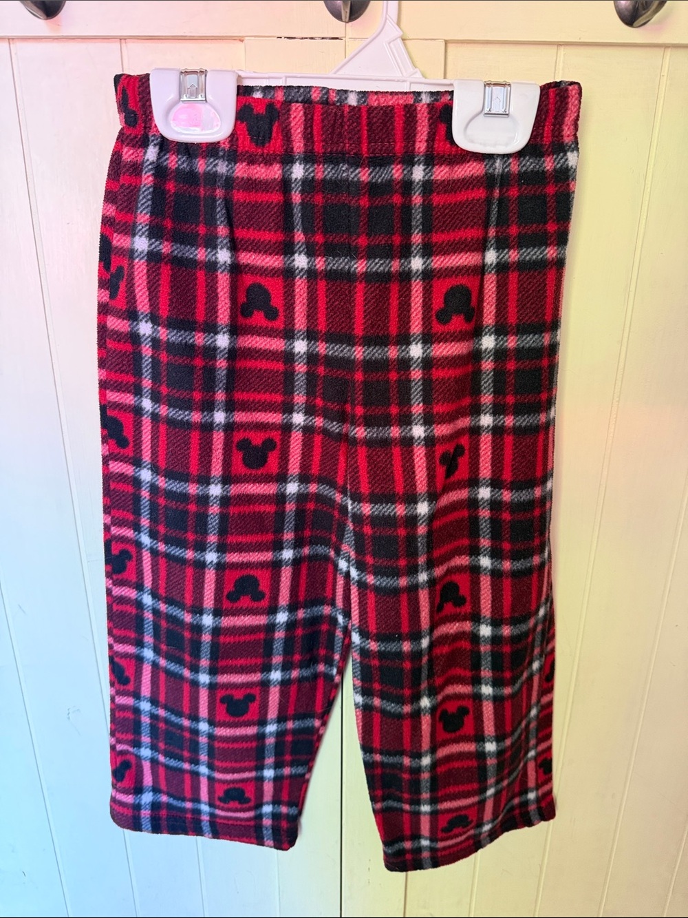 3/$6 Disney Red Plaid Fleece Pajama Pants with Black Mickey Silhouettes